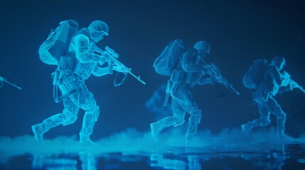 A team of soldiers, portrayed in a wireframe digital art style, maneuvers in tactical formation under a cool, blue light.