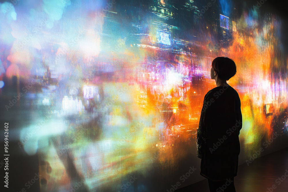 Poster woman is looking at glowing digital data on transparent screens, possibly a programmer working in a 