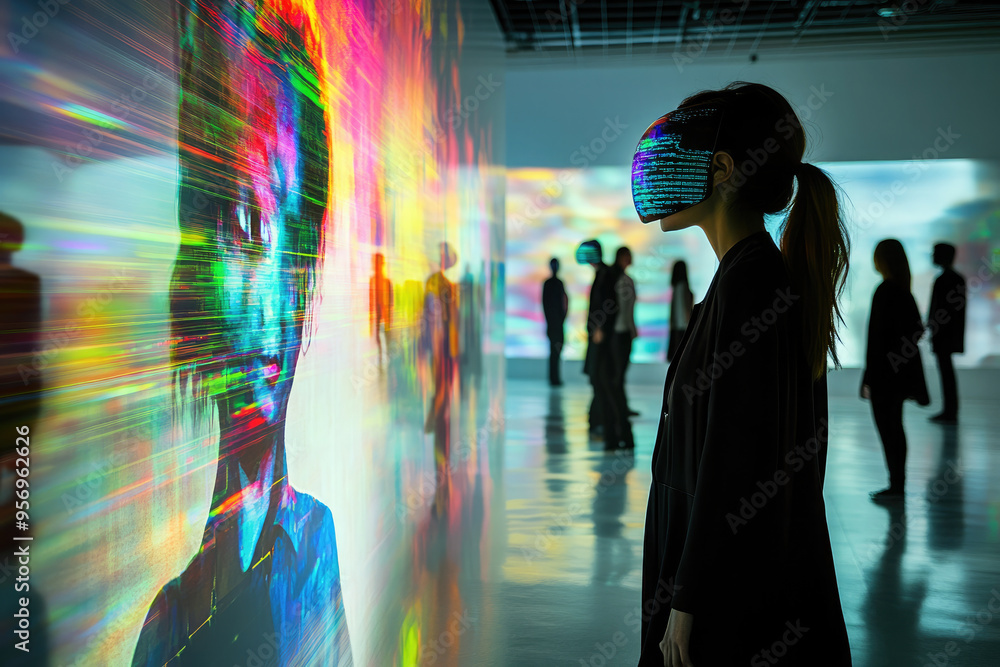 Poster woman is looking at glowing digital data on transparent screens, possibly a programmer working in a 