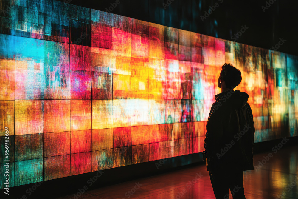 Poster woman is looking at glowing digital data on transparent screens, possibly a programmer working in a 