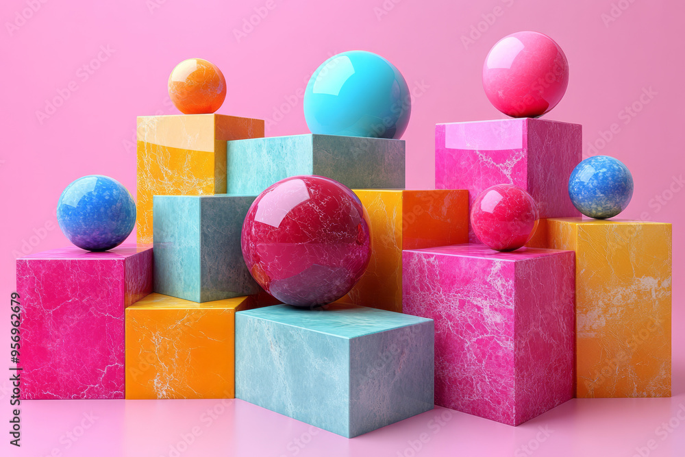 Poster an abstract 3d scene of floating geometric shapes--spheres, cubes, and pyramids--arranged in a dynam