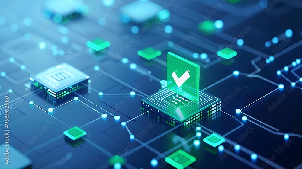 Poster futuristic digital network with circuits and green checkmark symbolizing cybersecurity and data prot
