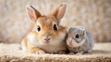 Obraz premium Adorable little rabbit and tiny hamster snuggle up together, showcasing their soft fur, big eyes, and endearing expressions in a warm, cozy, natural setting.