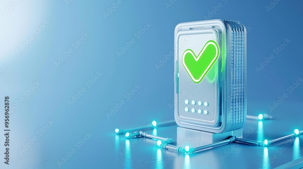 Poster futuristic digital security concept with 3d icon showing green check mark, technology and data prote