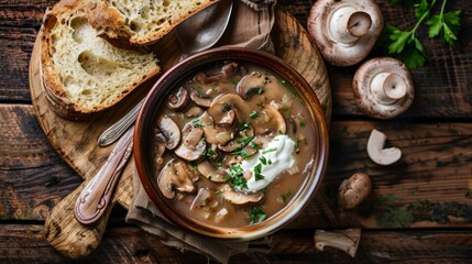 A rustic bowl of mushroom soup garnished with herbs, served with slices of crusty bread, creating a warm and comforting dining experience.