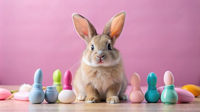 Adorable rabbit curiously inspects a colorful array of sleek, modern adult toys scattered across a soft, pastel-hued background, exuding innocence and playful surprise.