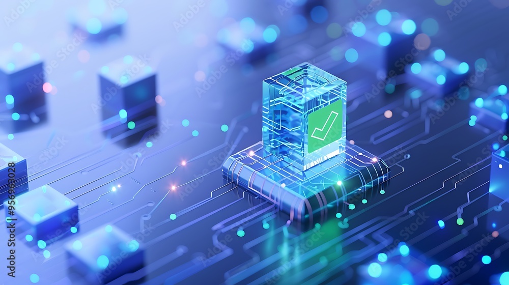 Poster futuristic digital security concept with glowing blue blocks and a checkmark hologram, representing 