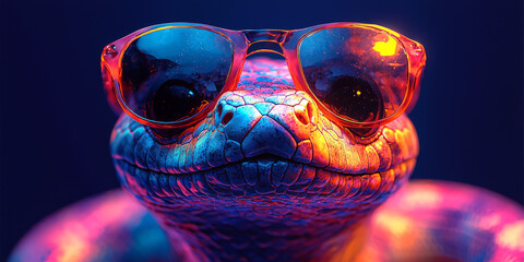 A snake wearing sunglasses looks cool in a neon light.
