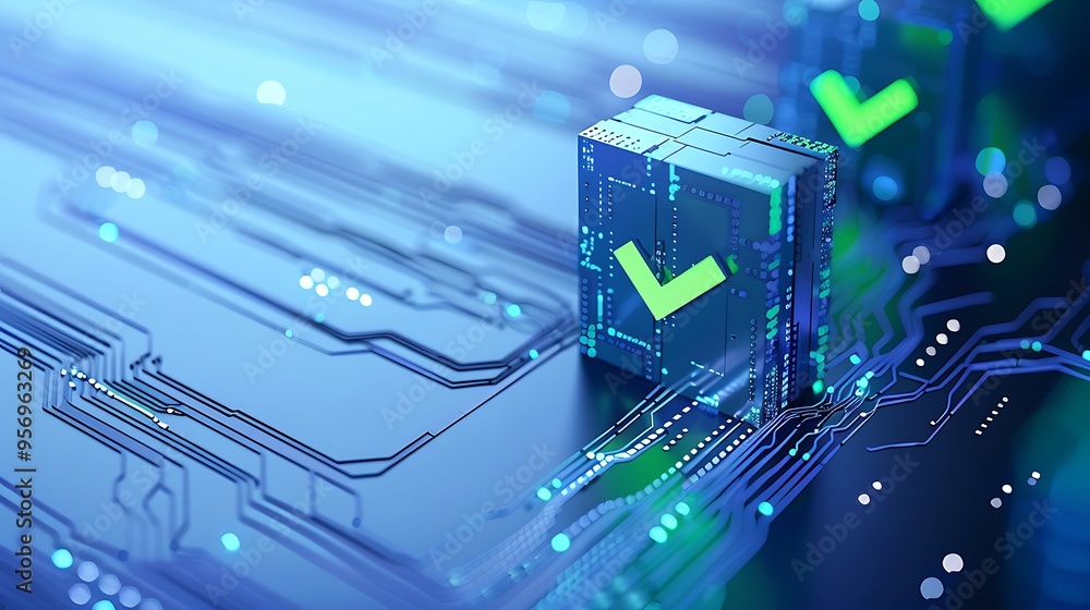 Poster futuristic digital technology concept with a glowing circuit board checkmark, symbolizing data valid