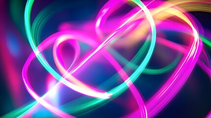 Glowing Neon Light Trails: Intersecting neon light trails in vibrant colors like pink and green, floating in a dark space, creating an abstract dance of light.
