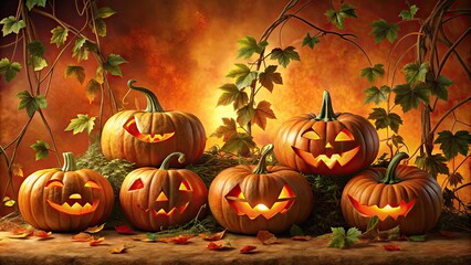 A eerie autumnal scene unfolds with repeating patterns of carved jack-o'-lanterns entwined by lush green vines, set against a warm orange and crimson hued background.