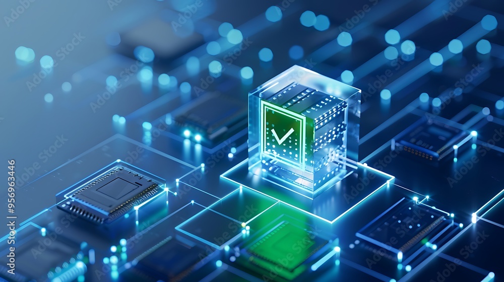 Poster futuristic digital technology concept with glowing microchip circuits and networks, representing dat