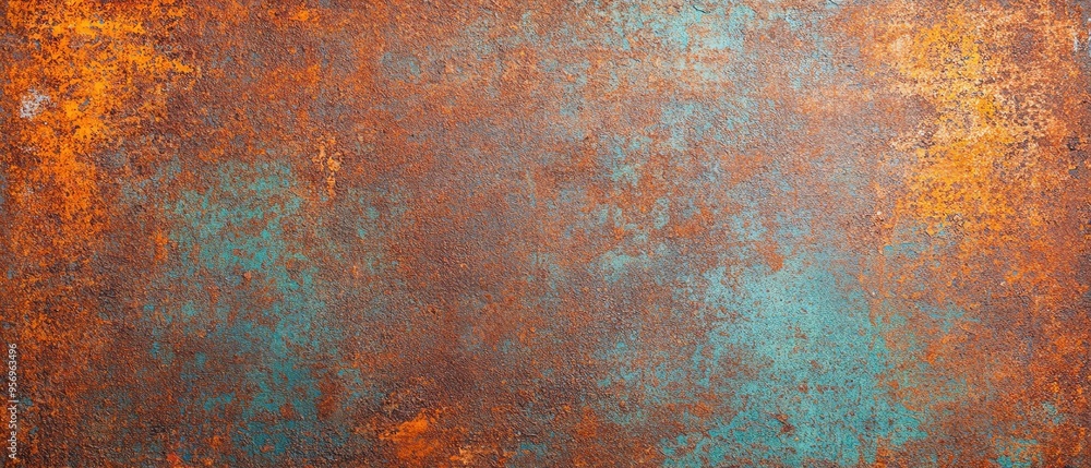 Poster a textured surface featuring a blend of rust and turquoise hues, perfect for backgrounds and artisti