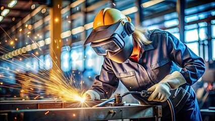 A focused female worker in protective gear, goggles, and helmet skillfully welds metal parts together, sparks flying, in a bright, well-lit industrial workshop setting.