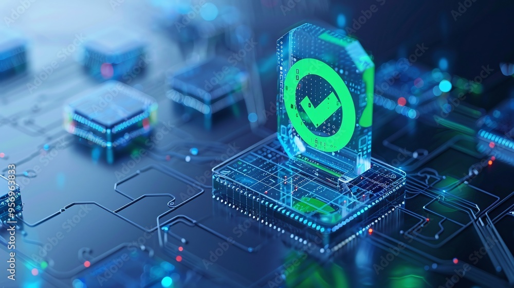 Poster futuristic digital verification symbol glowing on a circuit board, representing cyber security and d