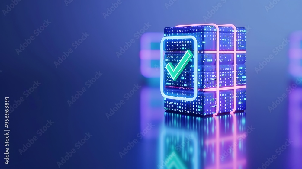 Poster futuristic glowing block with checkmark symbol. concept of data validation, blockchain technology, a