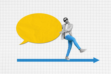 Composite photo collage of happy man dance hold text box bubble communication concept conversation...
