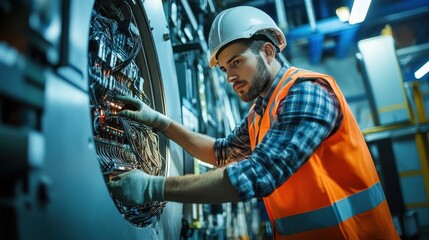Skilled Wind Turbine Engineer in Safety Vest Installing Electrical Wiring Inside Turbine for Sustainable Energy Production