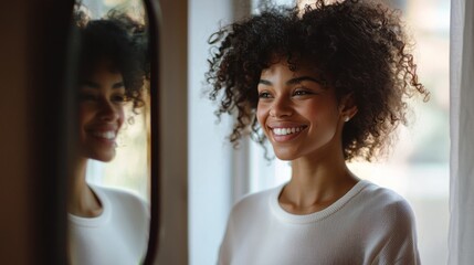 A woman standing in front of a mirror, smiling warmly at her reflection, embracing self-love and confidence.