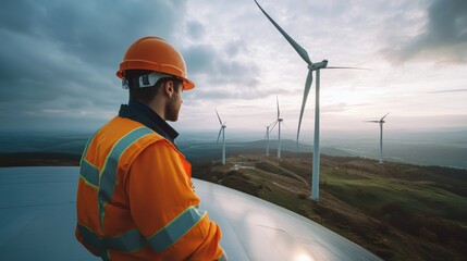 Skilled Engineer Conducting Safety Check at Wind Turbine Base