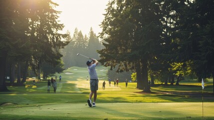 A golfer captures a serene early morning golf session, his swing highlighted by the golden sun rays filtering through towering trees.