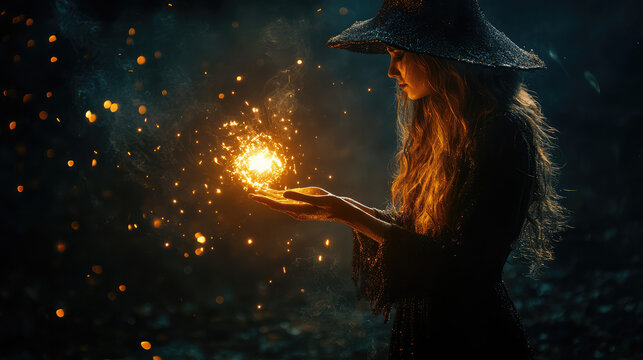 A witch conjuring a fireball in her hands, with sparks flying in the dark nigh.