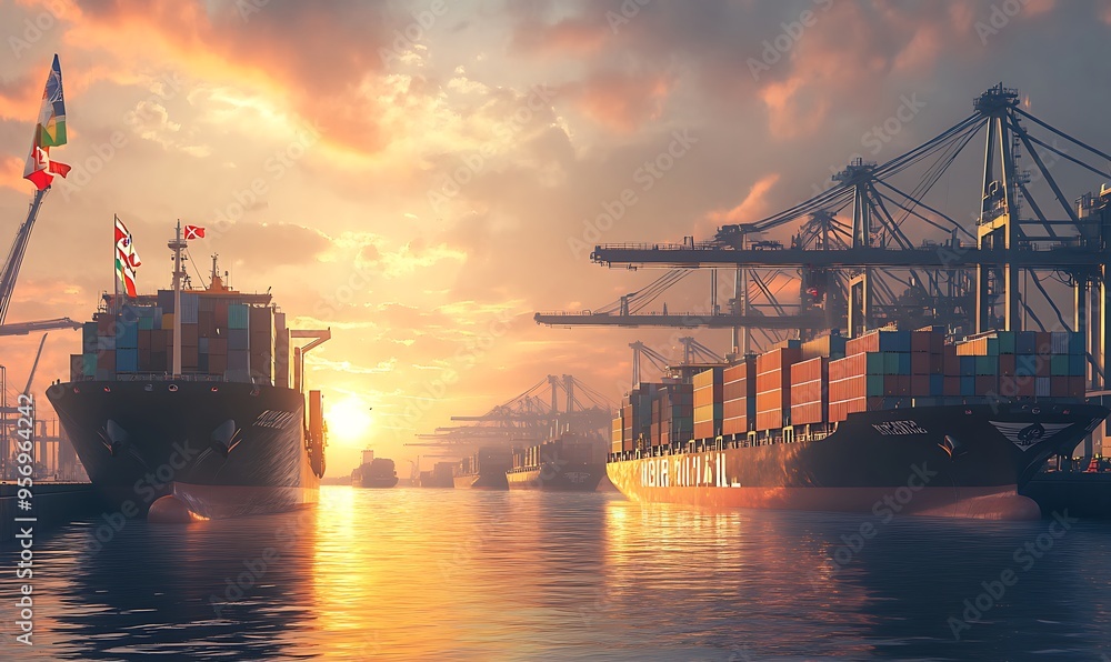 Poster bustling international port with massive cargo ships loading containers marked by flags of different