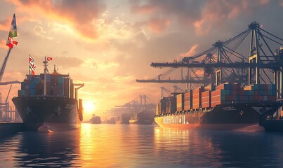 Bustling International Port with Massive Cargo Ships Loading Containers Marked by Flags of Different Nations at Sunrise