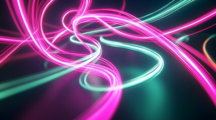 Glowing Neon Light Trails: Intersecting neon light trails in vibrant colors like pink and green, floating in a dark space, creating an abstract dance of light.
