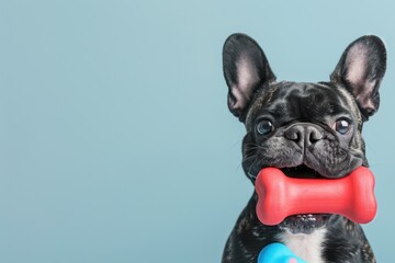 A French Bulldog playing with a rubber bone
