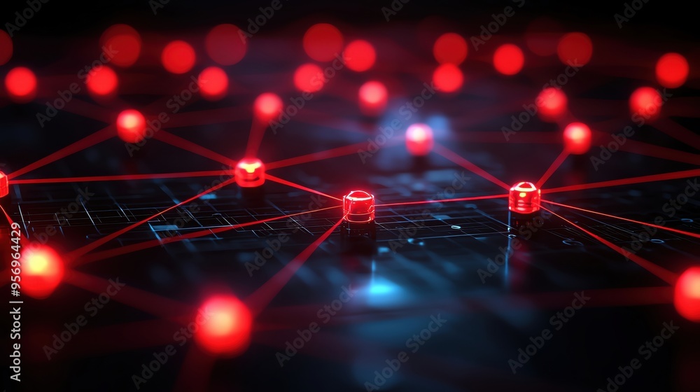 Poster abstract image of interconnected nodes and networks, showcasing glowing red lights on a dark backgro