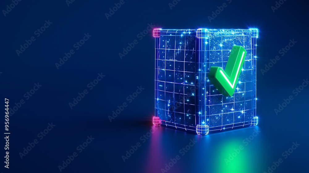 Aufkleber futuristic glowing cube with a check mark, symbolizing digital verification, blockchain, or secure d