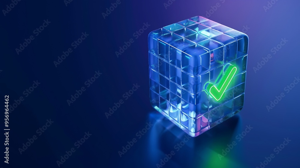 Poster futuristic glowing cube with a green checkmark symbol, representing technology and validation on a d