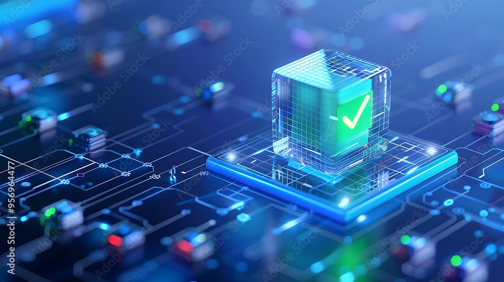 Poster futuristic glowing cube with checkmark icon on circuit board representing technology, innovation, an
