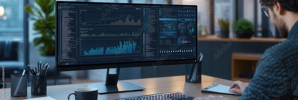 Aufkleber An expert intensely focuses on a large monitor, analyzing data while sitting at a tidy desk with a coffee mug and notepad. Generative AI