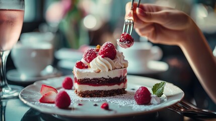 A person indulging in a luxurious dessert at a fancy cafe, savoring the moment as a special treat to themselves.