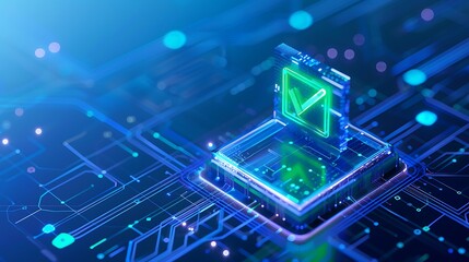 Futuristic glowing checkmark icon on a digital circuit board, symbolizing blockchain technology, digital validation, and data security.