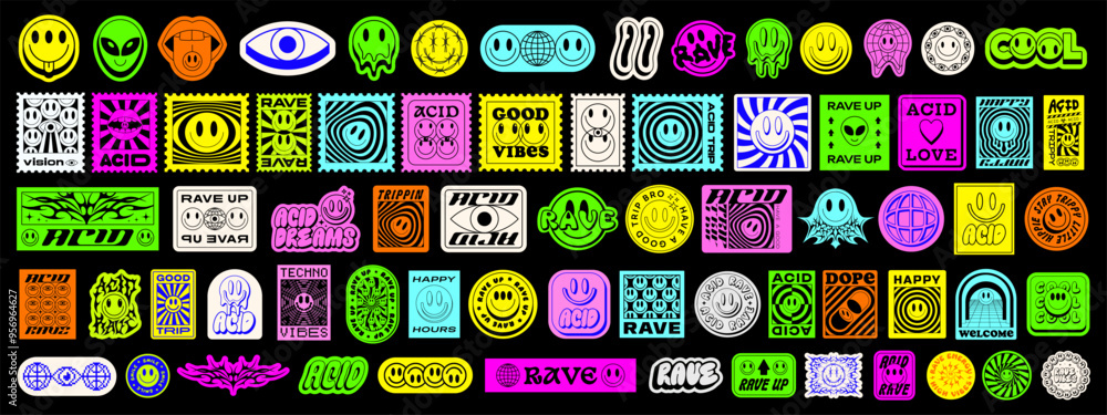Poster set of cool acid rave stickers vector design. collection of y2k patches pop art graphic elements.