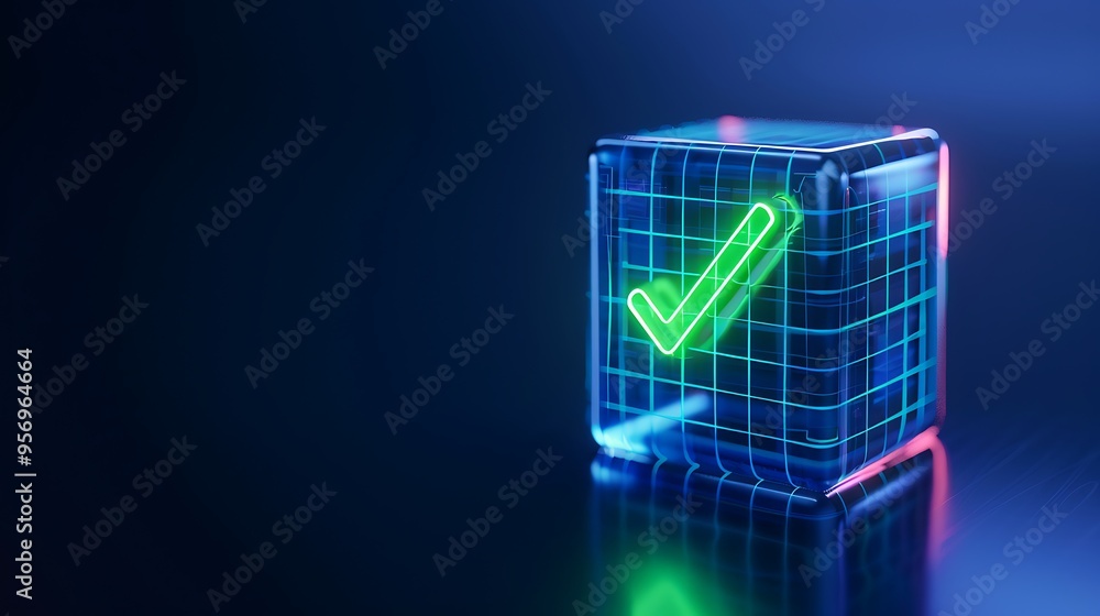 Poster futuristic glowing green checkmark inside a transparent cube on a dark background, representing appr