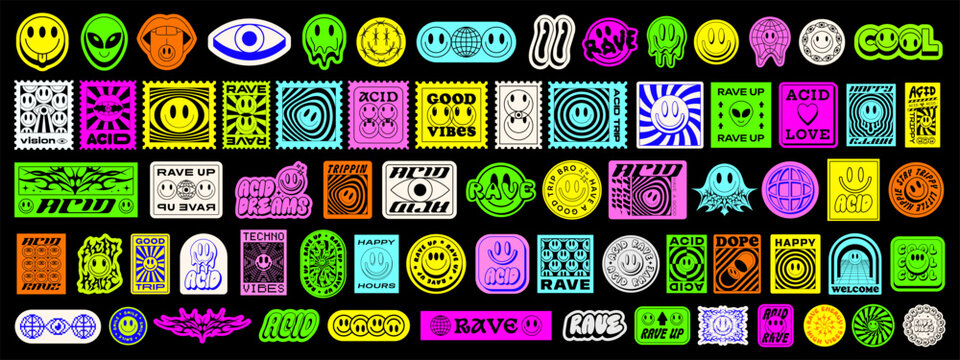 Set Of Cool Acid Rave Stickers Vector Design. Collection Of Y2k Patches Pop Art Graphic Elements.