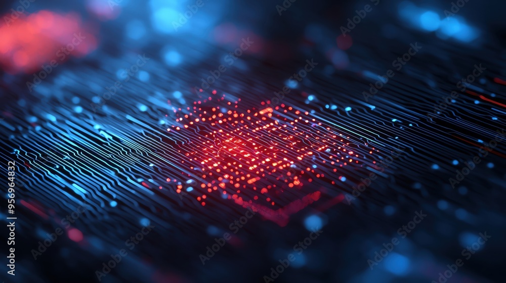 Poster abstract representation of digital technology with glowing lines and vibrant red and blue colors, sy