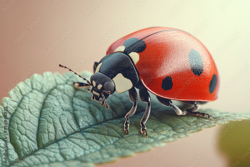 Poster a detailed shot of a ladybug crawling along the edge of a leaf, with its bright red shell and tiny b