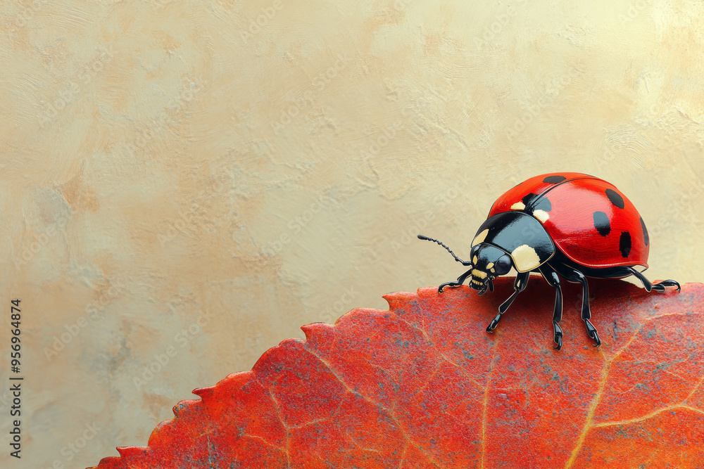 Poster a detailed shot of a ladybug crawling along the edge of a leaf, with its bright red shell and tiny b