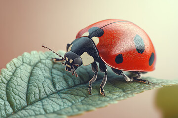 Fototapeta premium A detailed shot of a ladybug crawling along the edge of a leaf, with its bright red shell and tiny black spots in sharp focus, isolated on a pastel beige background,