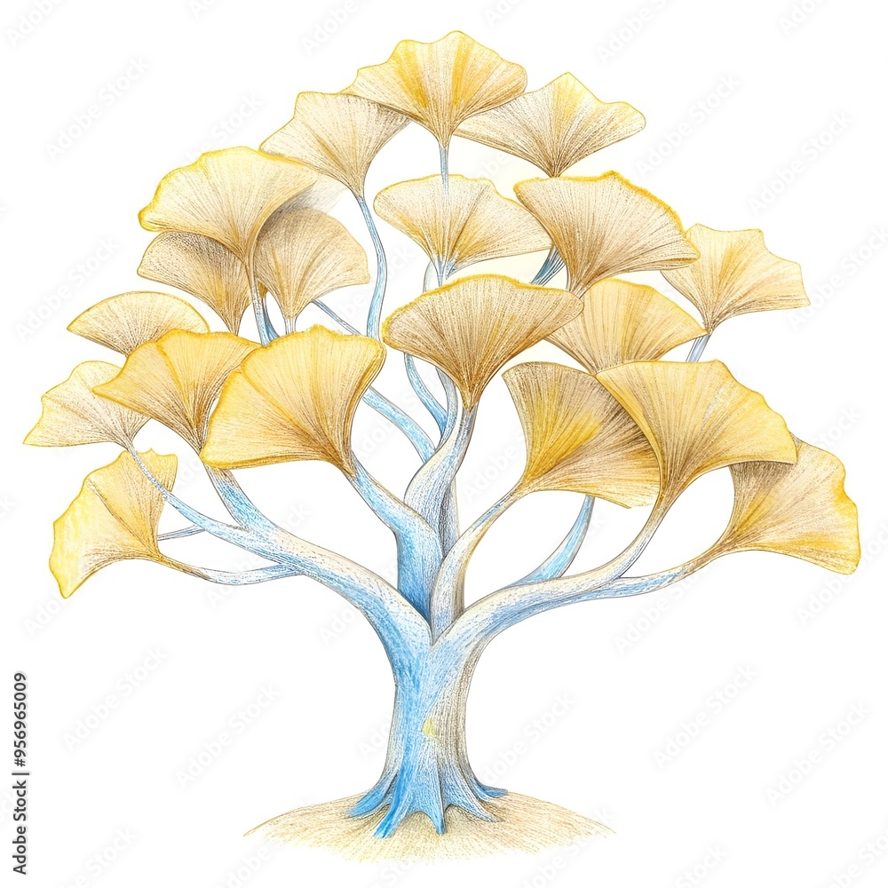 Poster a beautiful and intricate 3d illustration of a ginkgo tree. rendered in a realistic style.