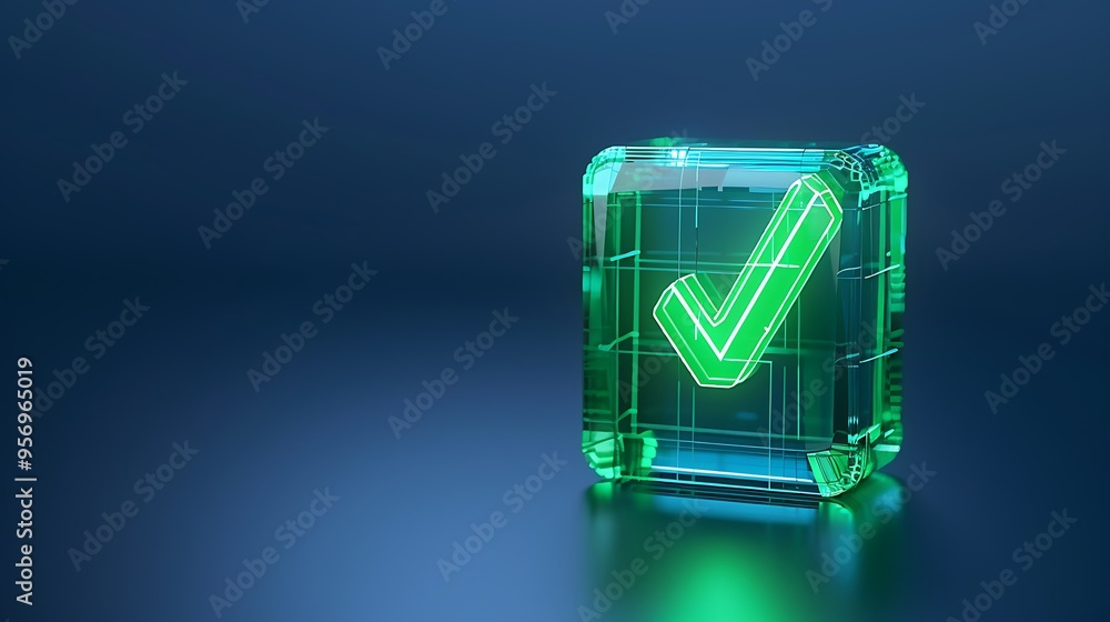 Poster futuristic green checkmark inside a transparent cube on a blue background, representing approval and