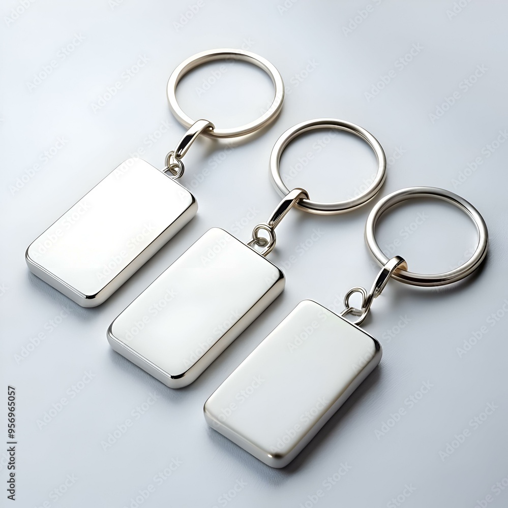 Poster three blank silver keychains with rectangular tags. perfect for adding your logo. design. or text.