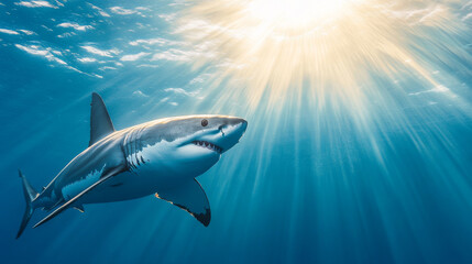Fototapeta premium Great White Shark Underwater with Sunlight