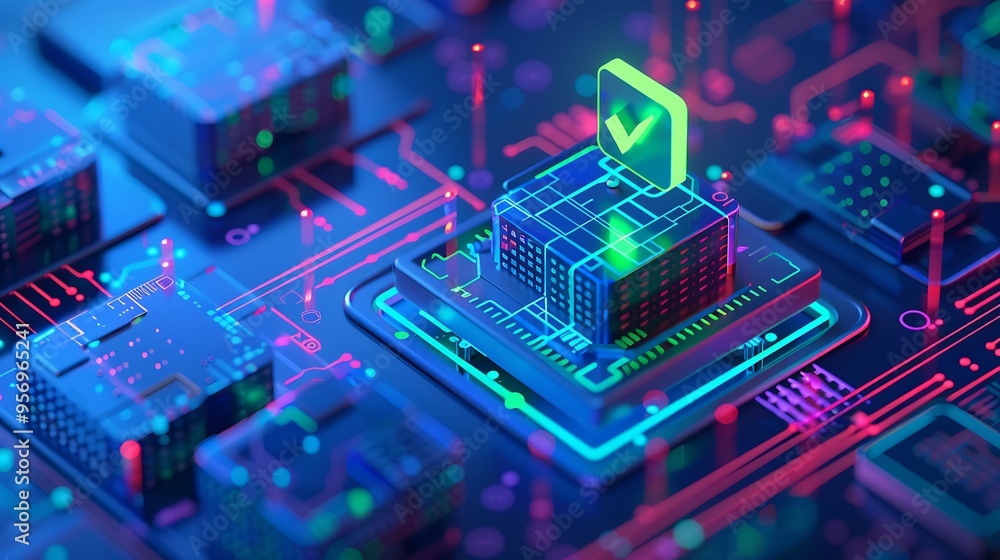 Poster futuristic microchip circuit design with glowing elements, representing advanced technology, cyberse