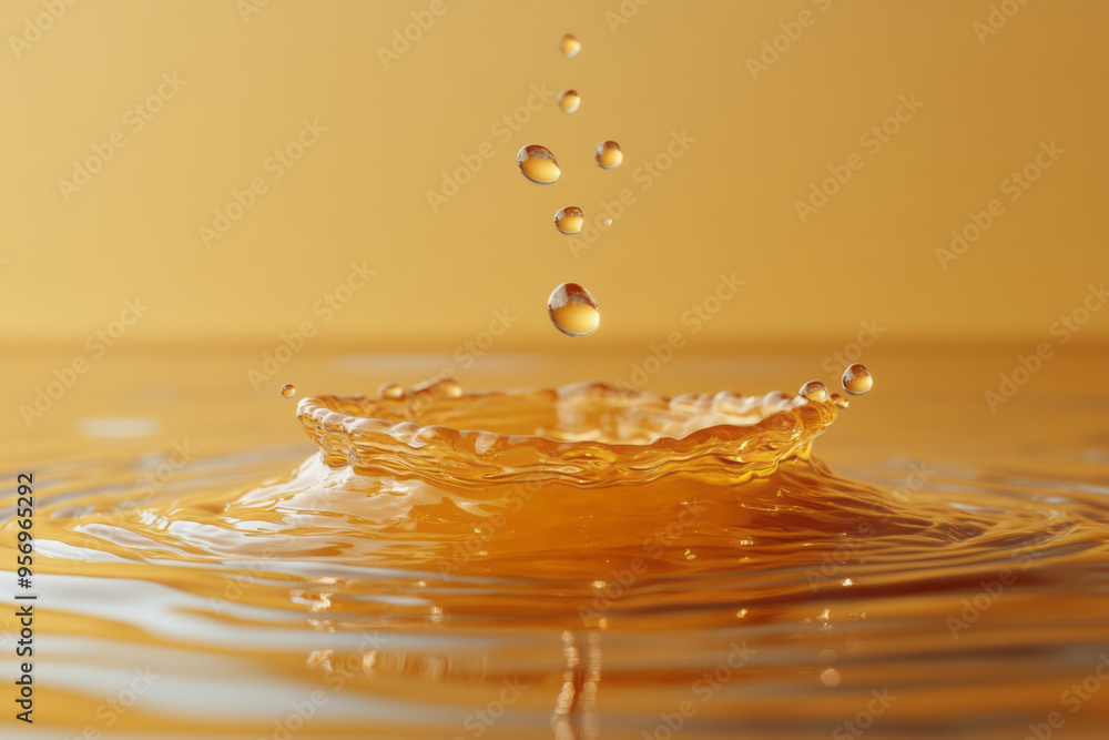Poster A close-up of a raindrop falling into a puddle, creating ripples that distort the reflection of the sky, isolated on a pastel beige background,